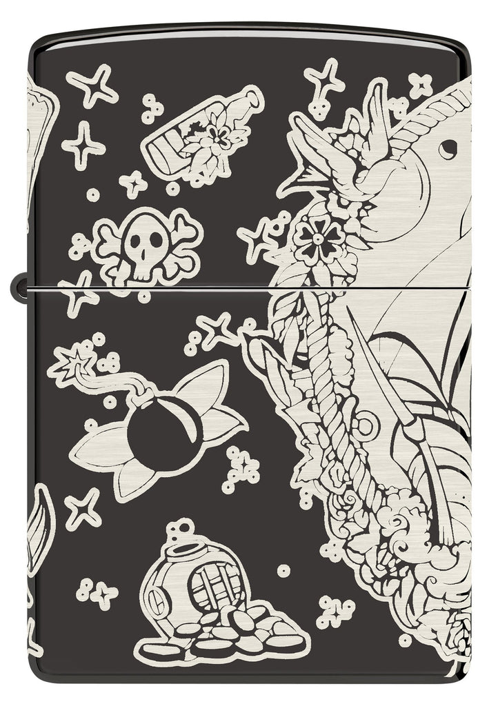 Front shot of Laser 360° Pirates Treasure Design High Polish Black Windproof Lighter.