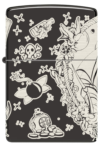 Front shot of Laser 360° Pirates Treasure Design High Polish Black Windproof Lighter.