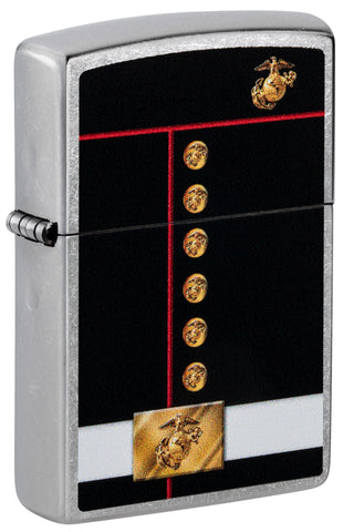 Front shot of Zippo U.S Marines Corps Dress Blues Street Chrome Windproof Lighter standing at a 3/4 angle.