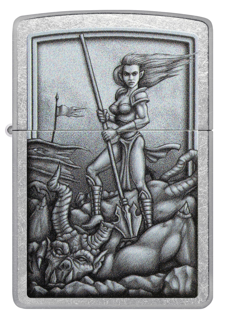Front shot of Medieval Wonman Warrior Street Chrome Windproof Lighter.