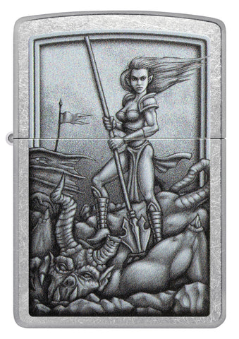 Front shot of Medieval Wonman Warrior Street Chrome Windproof Lighter.