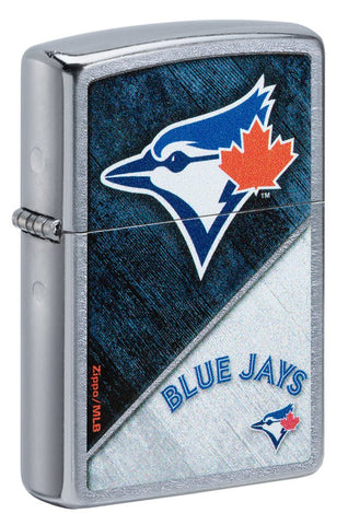 Front shot of MLB® Toronto Blue Jays™ Street Chrome™ Windproof Lighter standing at a 3/4 angle.