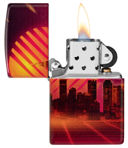Zippo Cyber City Design 540 Color Matte Windproof Lighter with its lid open and lit.