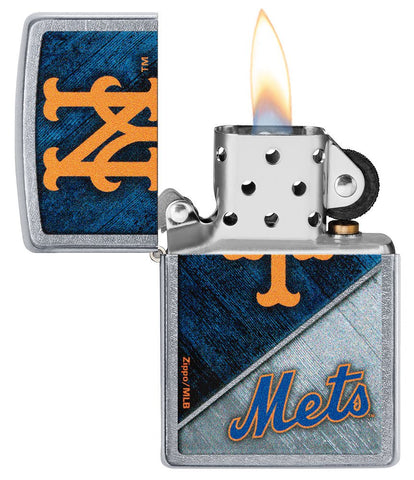 MLB® New York Mets™ Street Chrome™ Windproof Lighter with its lid open and lit.