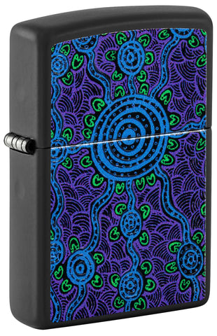 Front shot of Zippo John Smith Gumbula Black Light Design Black Matte Windproof Lighter standing at a 3/4 angle.