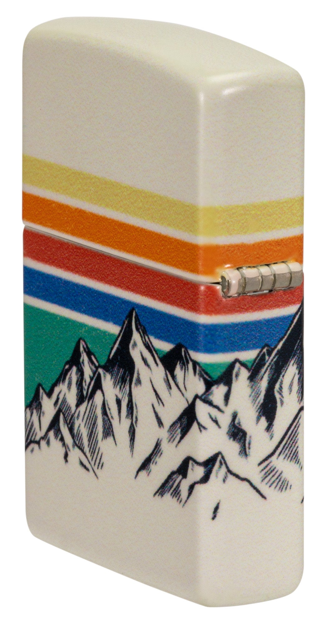 Angled shot of Zippo Mountain Design 540 Color Windproof Lighter showing the back and hinge side of the lighter.