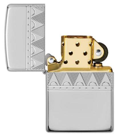 Armor® Sterling Silver Diamond Pattern Design Windproof Lighter with its lid open and unlit.
