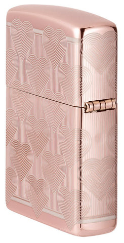 Angled shot of Heart Design High Polish Rose Gold Windproof Lighter, showing the back and hinge side of the lighter.