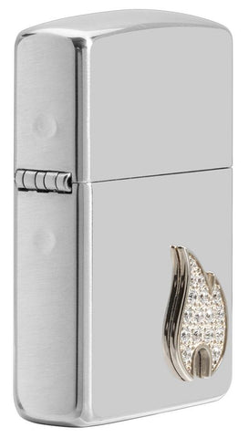 Angled view of Armor® Sterling Silver Flame Emblem Windproof Lighter showing the attached flame emblem.