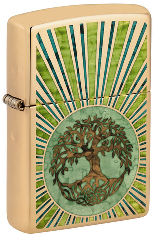 Front shot of Fusion Tree of Life Design High Polish Brass Windproof Lighter standing at a 3/4 angle.