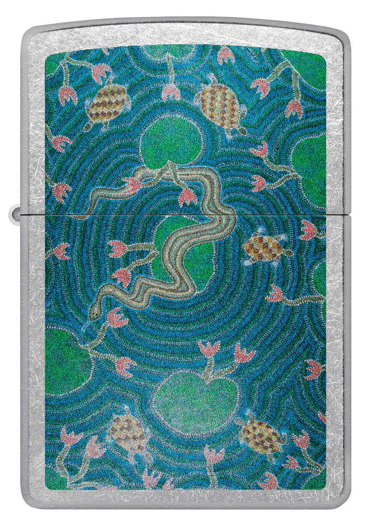 Front view of Zippo John Smith Gumbula Snake & Turple Design Street Chrome Windproof Lighter.