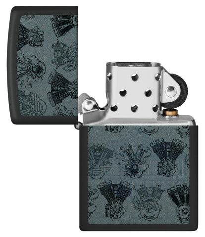 Zippo Harley-Davidson Black Light Logo Black Matte Windproof Lighter with its lid open and unlit.