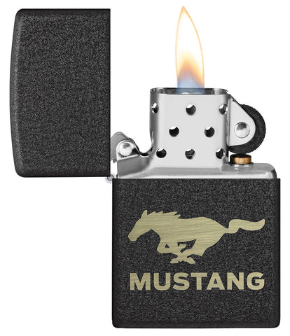 Ford® Mustang Black Crackle® Windproof Lighter with its lid open and lit.