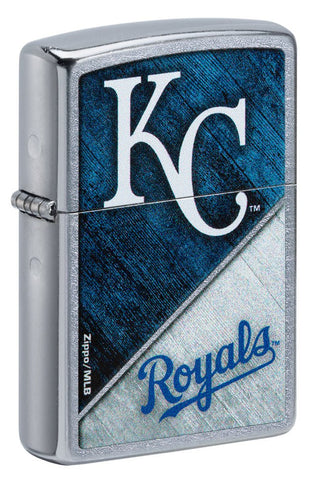 Front shot of MLB® Kansas City Royals™ Street Chrome™ Windproof Lighter standing at a 3/4 angle.