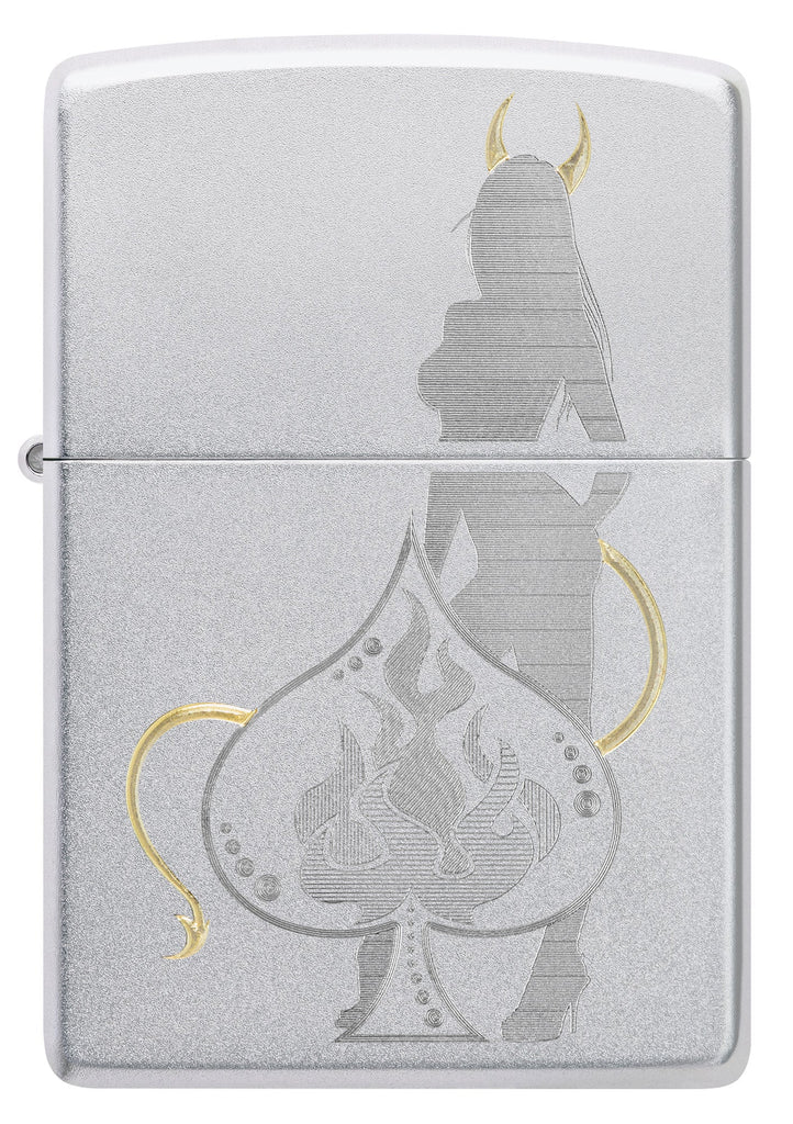 Front view of Zippo Devilish Ace Design Satin Chrome Windproof Lighter.