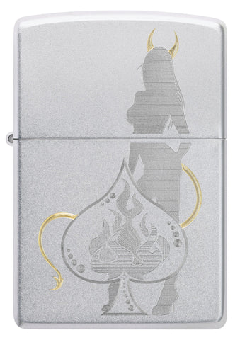 Front view of Zippo Devilish Ace Design Satin Chrome Windproof Lighter.