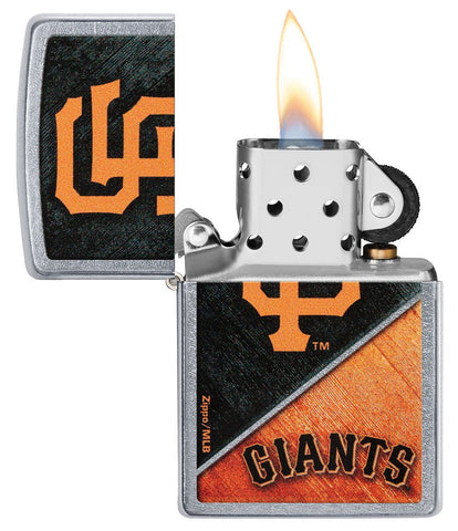 MLB® San Francisco Giants™ Street Chrome™ Windproof Lighter with its lid open and lit.