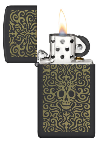 Zippo Skull Filigree Design Slim Black Matte Windproof Lighter with its lid open and lit.