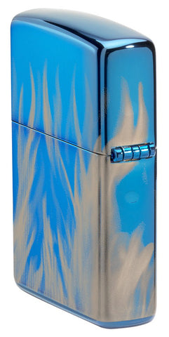 Harley-Davidson 360° Flames High Polish Blue Windproof Lighter standing at an angle, showing the back and hinge side of the lighter.