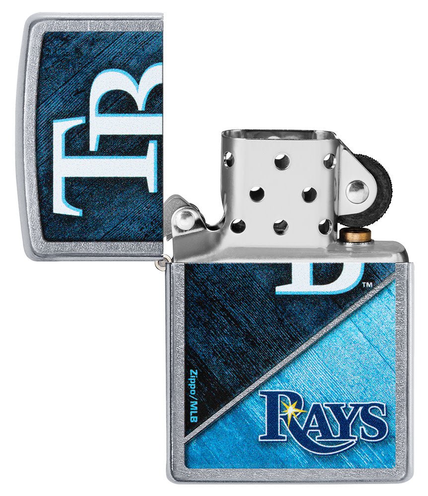 MLB™ Tampa Bay Rays™ Street Chrome™ Windproof Lighter with its lid open and unlit.