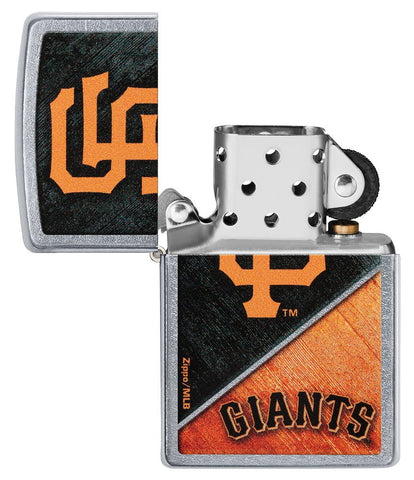 MLB® San Francisco Giants™ Street Chrome™ Windproof Lighter with its lid open and unlit.