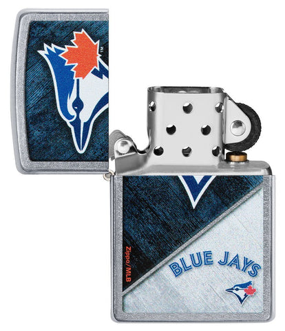 MLB® Toronto Blue Jays™ Street Chrome™ Windproof Lighter with its lid open and unlit.