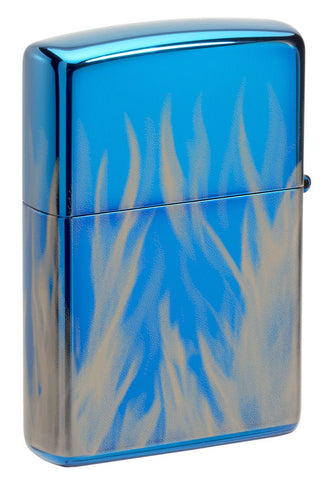 Back shot of Harley-Davidson 360° Flames High Polish Blue Windproof Lighter standing at a 3/4 angle.