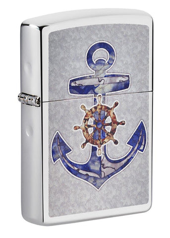 Front shot of Anchor Design High Polish Chrome Windproof Lighter standing at a 3/4 angle