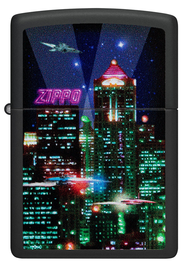 Front view of Zippo Cyber City Design Black Matte Windproof Lighter Lighter.