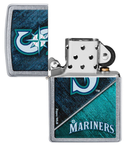 MLB® Seattle Mariners™ Street Chrome™ Windproof Lighter with its lid open and unlit.
