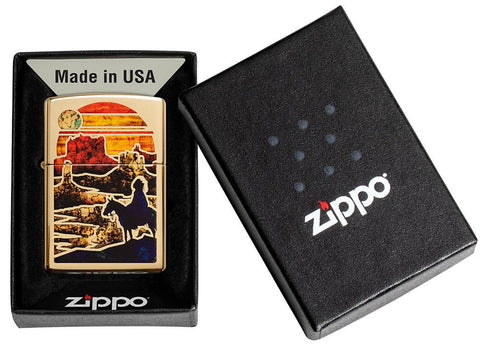 Zfusion Desert High Polish Brass Windproof Lighter in its packaging