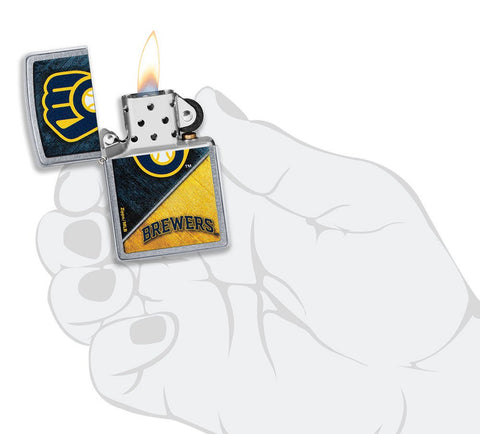 MLB™ Milwaukee Brewers™ Street Chrome™ Windproof Lighter lit in hand.