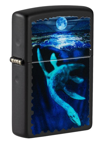 Front shot of Black Light Loch Ness Design Black Matte Windproof Lighter standing at a 3/4 angle.