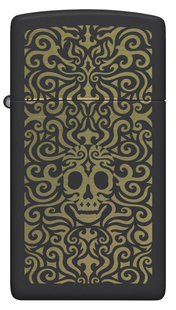Front view of Zippo Skull Filigree Design Slim Black Matte Windproof Lighter.