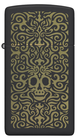 Front view of Zippo Skull Filigree Design Slim Black Matte Windproof Lighter.