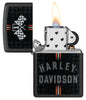 Zippo Harley-Davidson Checkered Flags Design Black Crackle Windproof Lighter with its lid open and lit.