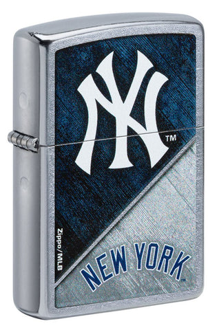 Front shot of MLB® New York Yankees™ Street Chrome™ Windproof Lighter standing at a 3/4 angle.