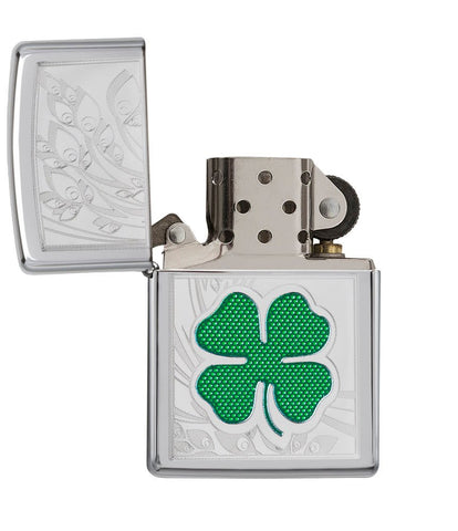 Front view of the Green & Silver Shamrock High Polish Chrome Lighter open and unlit.