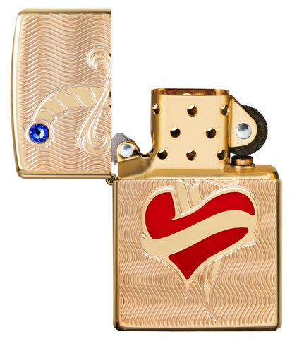 Heart and Sword Design High Polish Brass Windproof Lighter in it's packaging