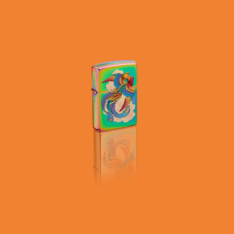 Glamour shot of Zippo Phoenix Design Mulit Color Windproof Lighter standing in an orange scene.