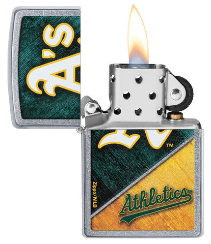 MLB® Oakland Athletics™ Street Chrome™ Windproof Lighter with its lid open and lit.