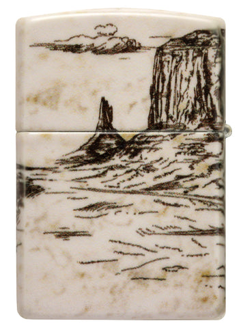 Zippo Wild West Scene Design 540 Color Windproof Lighter with its lid open and unlit.