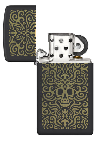Zippo Skull Filigree Design Slim Black Matte Windproof Lighter with its lid open and unlit.