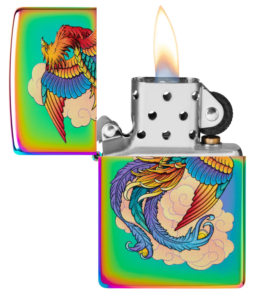 Zippo Phoenix Design Mulit Color Windproof Lighter with its lid open and lit.