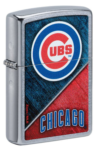 Front shot of MLB® Chicago Cubs™ Street Chrome™ Windproof Lighter standing at a 3/4 angle.