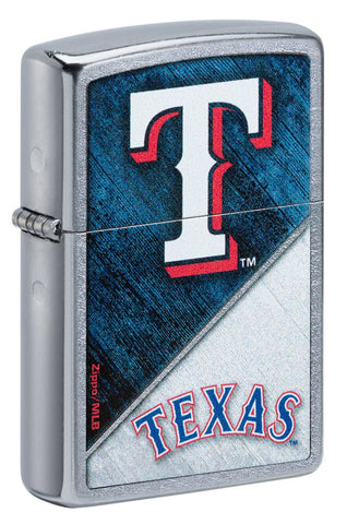 Front shot of MLB® Texas Rangers™ Street Chrome™ Windproof Lighter standing at a 3/4 angle.