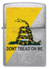 Front shot of Dont Tread On Me® Flag Design Brushed Chrome Windproof Lighter.