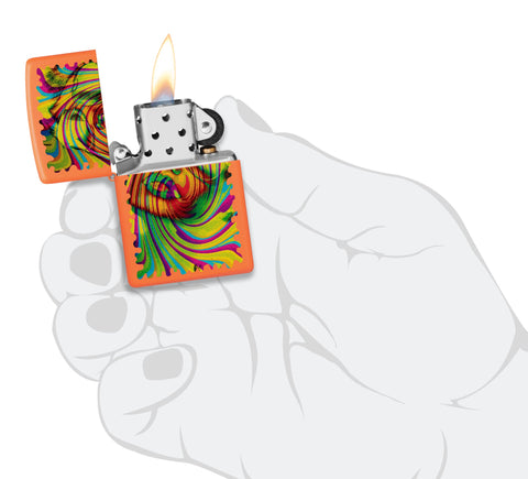 Zippo Sunglass Woman Design Orange Matte Windproof Lighter lit in hand.