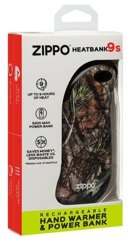 Mossy Oak® Break-Up Country® HeatBank 9s Rechargeable Hand Warmer in its packaging.