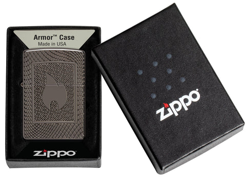 Zippo Flame Pattern Design Armor Black Ice Windproof Lighter in its packaging.